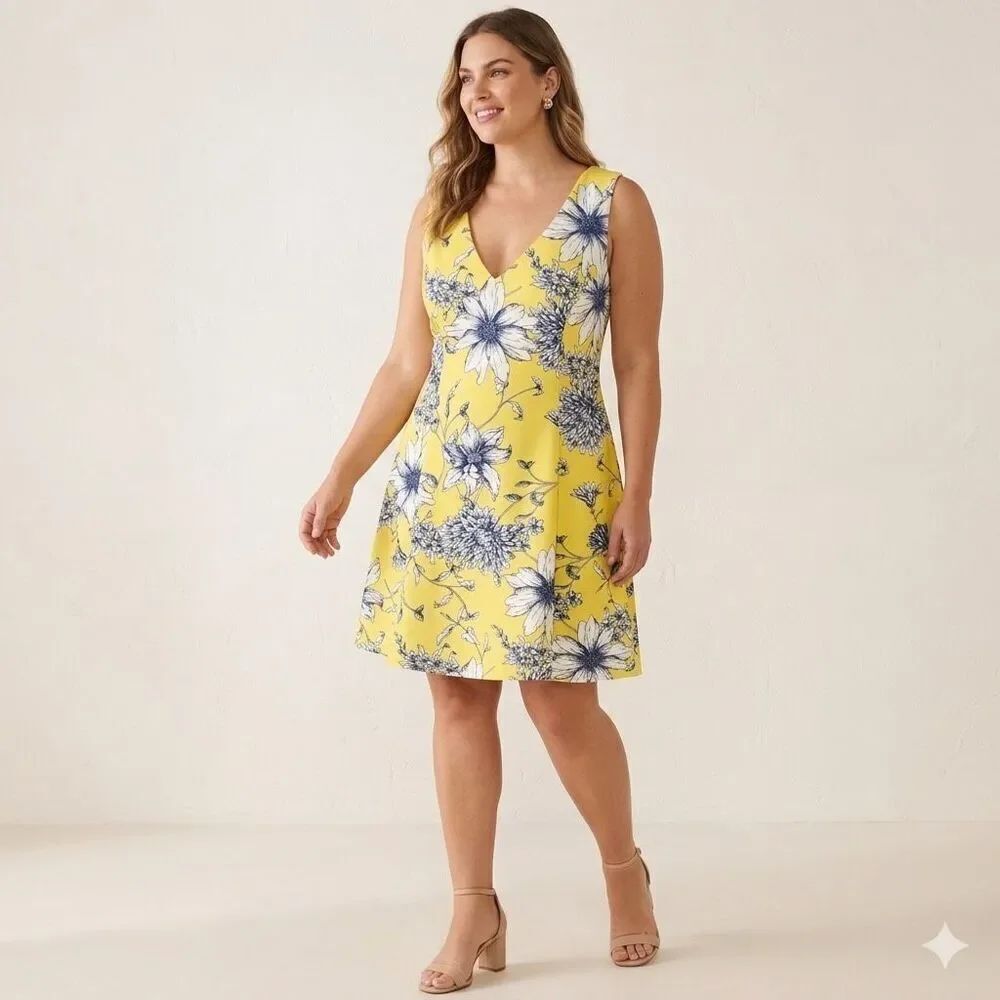Vince Camuto Women's Size 14 Yellow Floral V-Neck Fit & Flare Dress VC9M9257